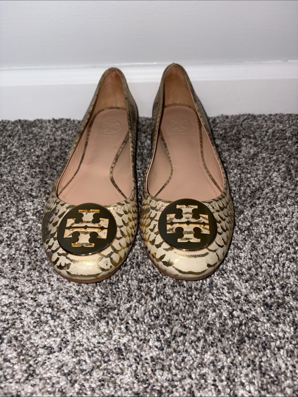 Tory Burch Metallic Gold Python Print Leather Ballet Flats - Picture 2 of 6
